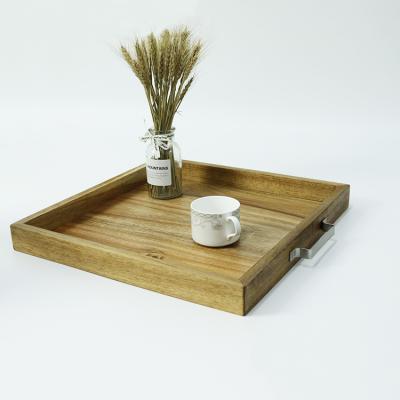 China Eco-Friendly Square Custom Acacia Wood Breakfast Serving Tray with Handles for Food Cake Breakfast Coffee for sale