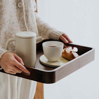 China Eco - Friendly Custom Wooden Black Walnut Serving Tray With Handles For Food Cake Breakfast Coffee for sale