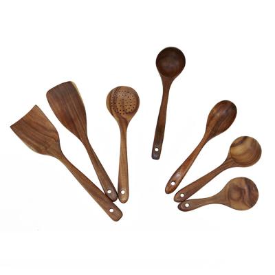 China Non Stick Sustainable Cooking Spoons Spatulas Food Turner Skimmer 8 Pcs Teak Wood Kitchen Utensil Set for sale