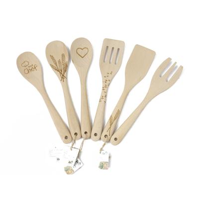 China Custom Sustainable Laser Engraved Beech Wood Spoon Slotted Spatula Food Turner Fork Cooking Kitchen Utensil Sets for sale