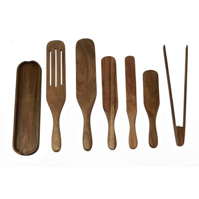 China Wholesale Viable Multi-Use Handmade Acacia Wood Spurtle Kitchen Tool Kit 5 Sets With Rack And Tongs for sale