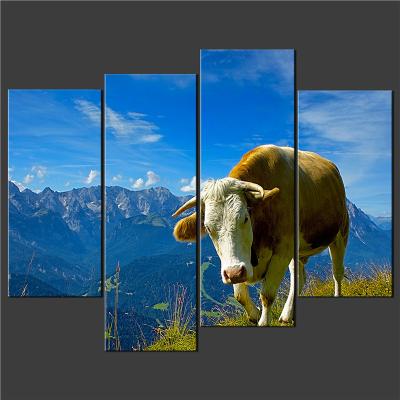 China Waterproof+ECO-Friendly 4pc Canvas Printing Cow Cattle Canvas Printing Animal Prints For Wall Decoration for sale