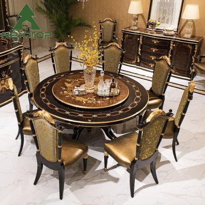 중국 Deluxe Dining Room Set Classical Antique Wooden Round Dining Table With Turntable 판매용