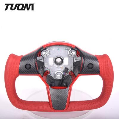 China Yoke Shape Carbon Fiber Red Leather Steering Wheel Tesla Model 3 Y Custom Made for sale