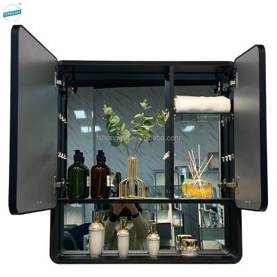 China Illuminated Modern Double Door Aluminum Mirror Cabinet Illuminated Led Lighted Bathroom Led Mirror Cabinet W/Cosmetics Bathroom Accessories for sale