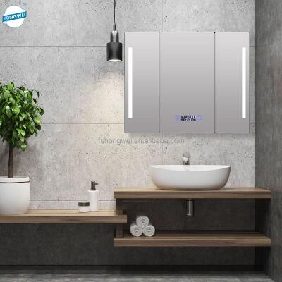 China Modern High Quality Outdoor Wall Mounted Bathroom Storage Three LED Doors Illuminated Mirror Cabinet With Anti Fog Changing Color for sale