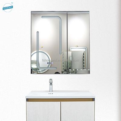 China 90 Degree Angle Metal Frame 2 Door Lighted Mirror Expanding Cabinet With One-Touch LED Strip Light Soft Closing Medicine Cabinet for sale