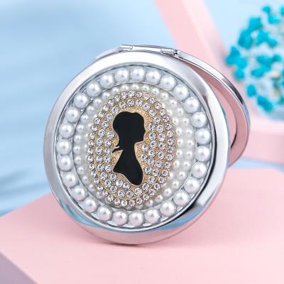 China Mini Mirror Cosmetic Pocket Mirror Wholesale Magnifying Logo Pearl Bling Mirrors Custom Made for sale