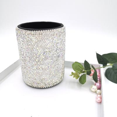 China Fashion Wholesale Diamond Leather Makeup Organizer Desk Art Brush Eyebrow Pencil Cosmetic Holder Storage Box for sale