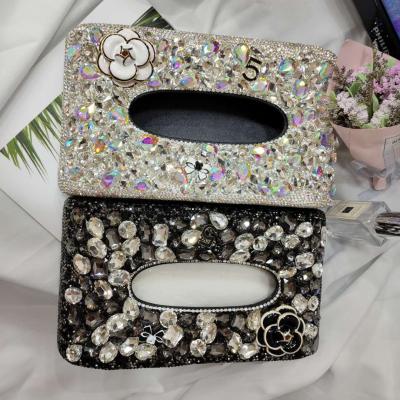 China Sustainable High Quality Reasonable Price Glitter Crystal Tissue Box Leather Car Tissue Box for sale