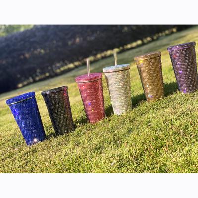 China Viable Luxury Bling Bling Rhinestone Tumbler Straw Coffee Cup Double Layer Vacuum Flasks Vacuum Mug for sale