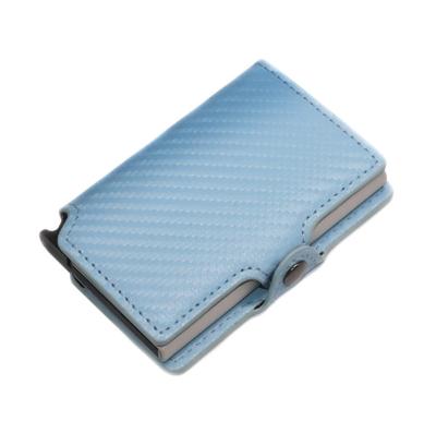 China Sea Blue RFID Blocking Automatic Aluminum Carbon Fiber Wallet Multi Card Pop Up Slim Metal Card Case Holder Wallet for sale