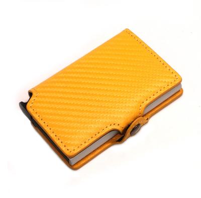 China Yellow RFID Carbon Fiber Wallet RFID Blocking Aluminum Automatic Noise Cards Bundle Up Slim Metal Card Case Holder Wallet for sale