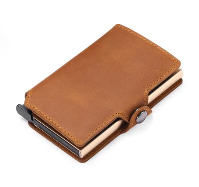 China RFID Blocking Protect Retro Real Leather RFID Blocking Card Wallet With Slim Automatic Pop Up Aluminum Alloy Card Holder For Luxury Gifts for sale