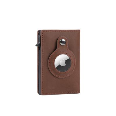 China Anti-theft Side Push RFID Blocking Card Holder with Genuine Leather Protective Wallet Case for Apple Airtag for sale