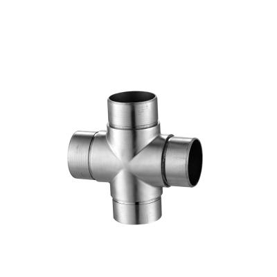 China Modern Mirror Polished Handrail Fitting 4 Way Tube Pipe Connector SS Cross Plug Holder for sale