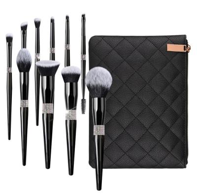 China Angular Blush 2022 New Make Up Low MOQ Logo Black Fluffy Synthetic Hair Bling Custom Rhinestones Makeup Brush Set Tools for sale