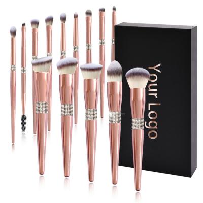 China Angular Blush High Quality Custom Rhinestone Bling Rose Gold Makeup Brushes Logo Eco Friendly Synthetic 14 pcs for sale