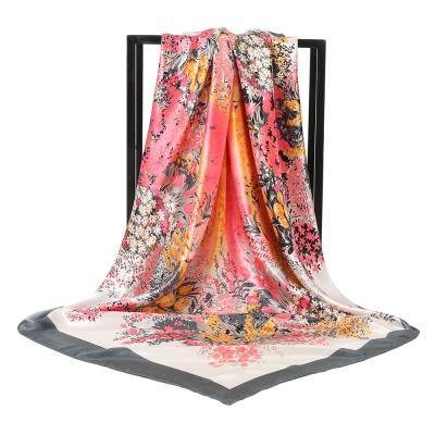 China Large Scarf Bright Square Faux Silk Satin Floral Print Rayon Silk Scarf for sale