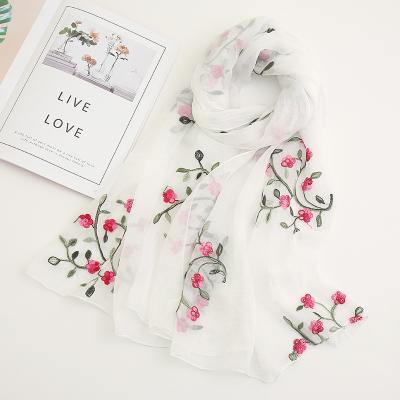 China Summer Chiffon Ladies Chiffon Spring and Beach Towel Sunscreen Embroidered Elegant Embroidery Female Scarf for sale