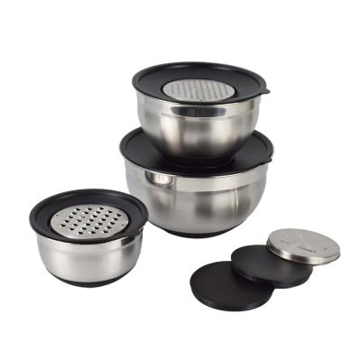 China Sustainable Premium Stainless Steel Nesting Bowls With 3 Graters Non-Slip Silicone Bottom Mixing Bowls Set Of 3 for sale