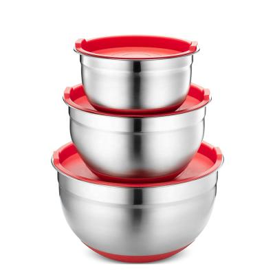 China Sustainable Set of 3 Stainless Steel Bowls with Silicone Measures Mark Airtight Lid Mixing Bowls Bottom Set for sale