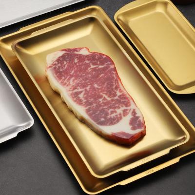 China 18/8 Sustainable Luxury Gold Rectangular Stainless Steel Dinner Plates Rectangular Barbecue Tray Lunch Plate for sale