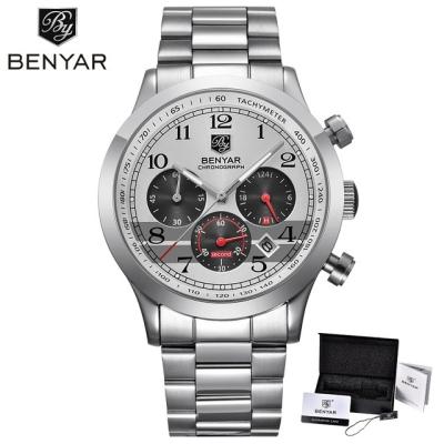 China Water Resistant Benyar 5107 Brand Wristwatches Top Luxury Full Steel Chronograph Men Watches for sale