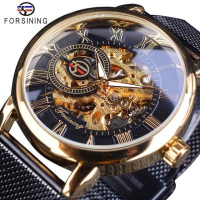 China Water Resistant Fashion Design Skeleton Sport Mechanical Watch Luminous Hands Transparent Mesh Bracelet For Men Forsining Watch for sale