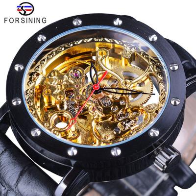 China Water Resistant Forsining GMT1081-2 Royal Flower Carving Gear Golden Movement Transparent Black Watch  Genuine Leather Men's Mechanical Watches for sale