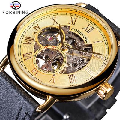 China Heart Rate Monitor Forsining Classic Black Golden Openwork Watches Skeleton Mens Watches Genuine Leather Mechanical Wristwatches for sale