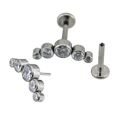 China Punk Titanium ASTM F136 G23 Threadless Labret Push In With Cubic Zircon On Upper Lip Flat Back Piercing Studs Body Wholesale Piercing for sale