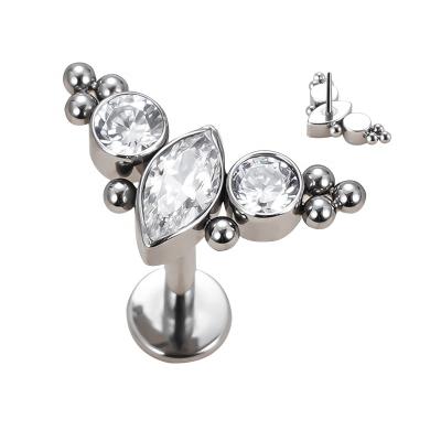 China Titanium Piercing Punk Body Jewelry F136 Internally Threaded Zircon With Threadless CZ Top Labret Cluster And 2 Studs for sale