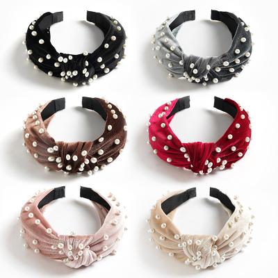 China New and American style European hot velvet fabric women's headband pearl knot twisted bow hair band for sale