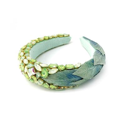 China Fashion soft baroque luxury personality sponge hair leaf headband popular green female inlaid rhinestone glass headband for sale