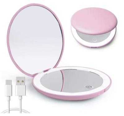 China Lighted Double Sided Magnifying Hand Held Mirror , Travel Folding Makeup Mirror for sale