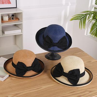 China 2022 Fashion Summer Spring Summer Straw Hat Ribbon Bow Women's Beach Bucket Hat Eco-friendly Foldable Sunshade Beach Bucket Hat for sale