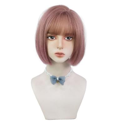 China Synthetic Pink Short Straight Bob Wig With Bangs Heat Resistant Fiber Ladies Crinkle Queen for sale