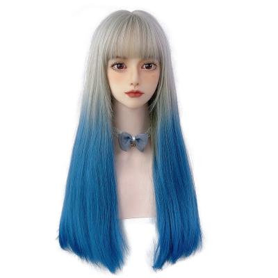 China Drag Queen Chemical Fiber Female High Temperature Synthetic Blue Wigs 25 Inches Long for sale