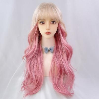 China Machine Made Drag Queen Wig 25 Inches Japanese Pink Long Curly Cosplay Wigs for sale