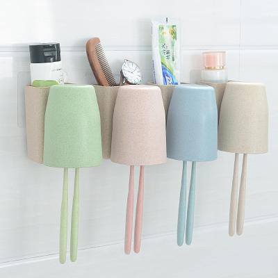 China Viable Creative Household Wheat Straw Bathroom Accessories Wall Mounted Multifunctional Cup Set Eco-Friendly Toothbrush Holder for sale