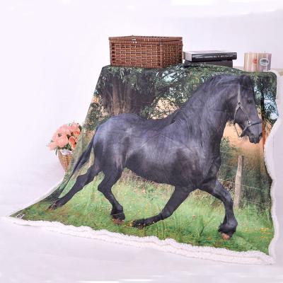 China Horse Pattern Warm Soft Animal Anti-pilling Printed Mirco Mink Blanket Back Sherpa Fleece Blanket for sale