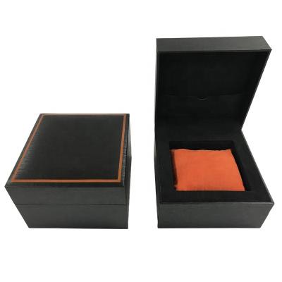 China For luxury watch packing watch box black paper custom tan LOGO with orange pillow and sleeve paper watch case for sale