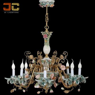 China JC Residential Custom Lighting Countryside Ceramic Flower Pure Copper Chandeliers Branch Lamps and Lanterns for Living Room for sale