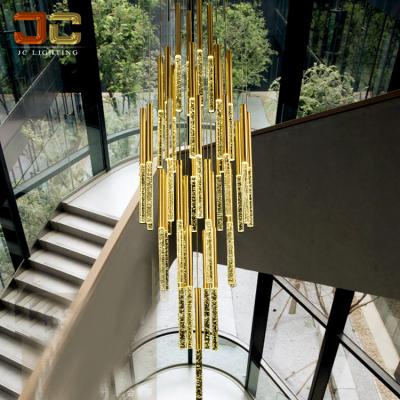 China Contemporary JC LIGHTING LED Stair Gold Rod Crystal Chandelier Hanging Railing Lighting Height Adjustable Pendant With Bubbles Inside for sale