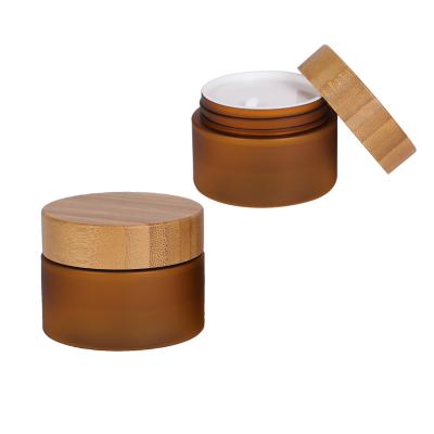 China High quality BEAUTY PACKAGING in stock 5oz 150g frosted plastic cosmetic round cream plastic jar PET storage container amber with bamboo lid for sale