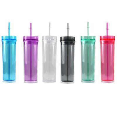 China Wall Mountable Plastic Double Tumbler BPA Free Clear Acrylic Cups Straight Bottle With Straw Sports Juice Coffee Water Bottle for sale