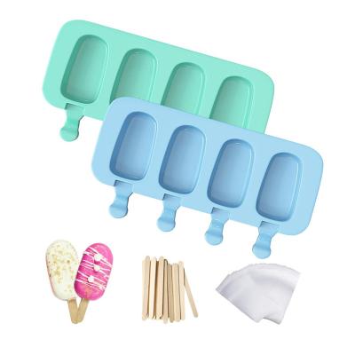 China Viable 4 Cavitys Ice Pop Maker Silicone Ice Cream Mold with 50 Wooden Sticks and 50 Popsicle Bags for sale