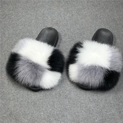 China Wholesale 2021 Fashion Trend Outdoor Colorful Soft Fox Raccoon Fur Slippers High Quality Real Slips Shoes For Women for sale