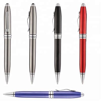 China Promotional pen metal tin box/case and custom logo ballpoint pen with led light on top aluminum promotional led pen for sale